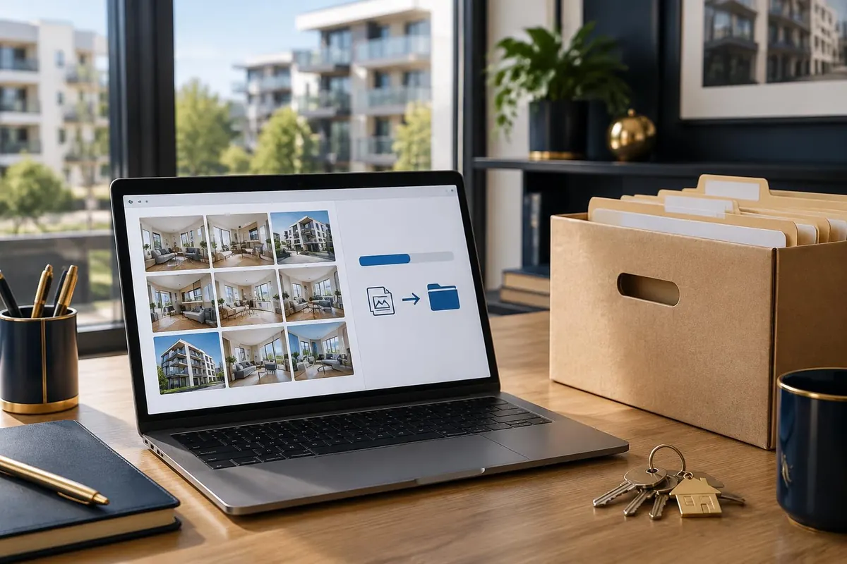 Laptop cu fotografii de apartamente care se transferă, lângă o cutie cu dosare și chei pe un birou de agenție.